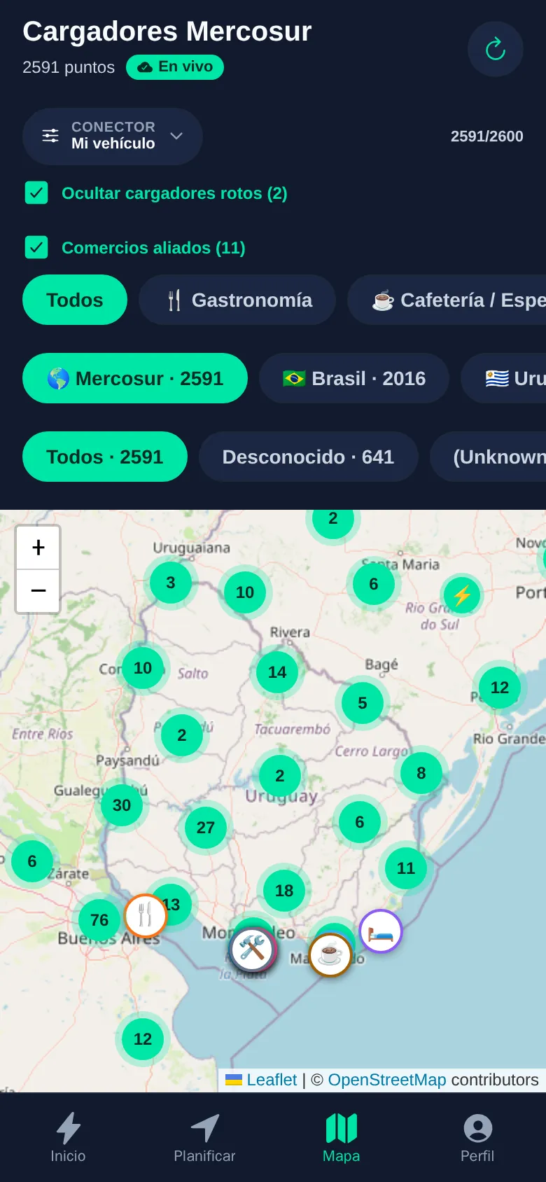 Captura real de LleGO: mapa de cargadores con comercios aliados