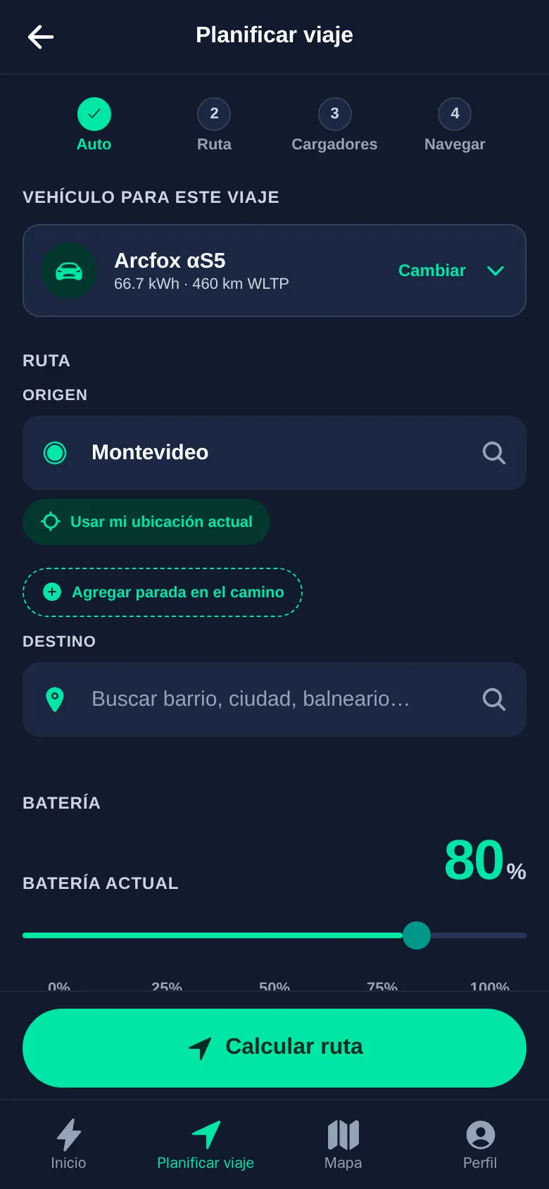 Captura real de LleGO: planificador de viaje con vehículo, origen, destino y batería